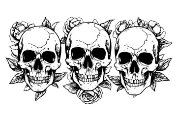 Skull with roses hand drawn ink sketch. Engraved style vector illustration