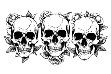 Fototapete Aquarellschädel Skull with roses hand drawn ink sketch. Engraved style vector illustration