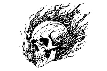 Skull in fire frame hand drawn ink sketch. Engraved style vector illustration