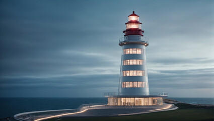 A modern lighthouse with a spiraling glass exterior