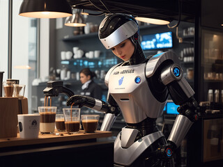Fototapeta premium Robo Barista Brewing Coffee in the Cafe AI generated