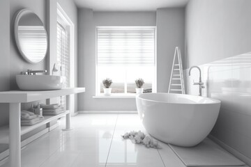 Luxury white modern bathroom with window in stylish design.