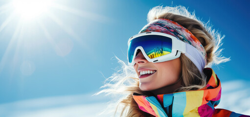 smiling female skier with goggles on blue sky background on sunny winter day. ski vacations - obrazy, fototapety, plakaty