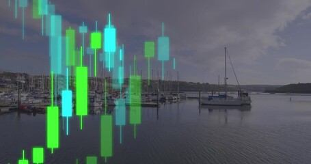 Animation of financial data processing over boats in marina - Powered by Adobe