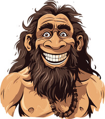 Whimsical illustration of a bearded caveman with a gleaming smile and animated expression, with a cheerful vibe with his exaggerated facial features.
