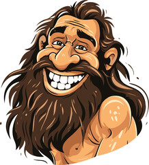 Whimsical illustration of a bearded caveman with a gleaming smile and animated expression, with a cheerful vibe with his exaggerated facial features. - obrazy, fototapety, plakaty
