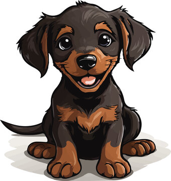A vibrant illustration of a playful black and tan dachshund puppy, with big bright eyes and a friendly smile, sitting attentively.