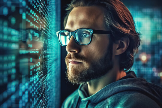 portrait of  man and binary code numbers, technology, cyberspace and programming concept. Generative Ai