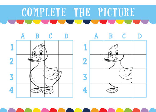 Kids Educational Coloring Book Pages Finish The Picture of cute cartoon Duck