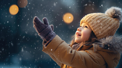 A side profile of little girl child raising arms in the air with winter gloves while it's snowing in winter