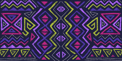 African ethnic seamless pattern in tribal style. Trendy abstract geometric background with grunge texture. Unique design elements for textile, banner, cover, wallpaper, wrapping	