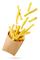 Potato fry fly out of paper packaging on a white background. Isolated