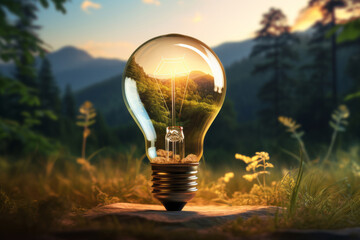 Green energy bulb environment eco technology concept. Save earth planet sustainable idea - obrazy, fototapety, plakaty