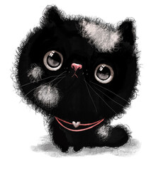 Cute watercolor black kitten kid cat fluffy adorable nursery childish character animal hand drawn  isolated on white background.
