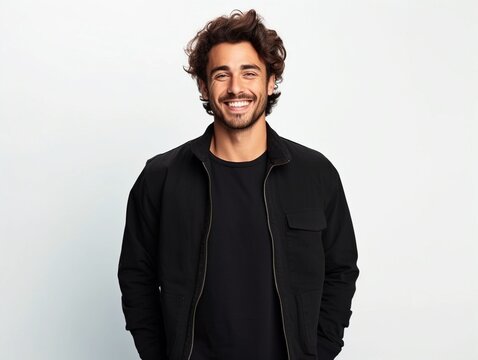People positive emotions concept. Studio waist up of young happy smiling broadly Hindu man standing in centre isolated on white background wearing black casual t shirt looking straight at camera
