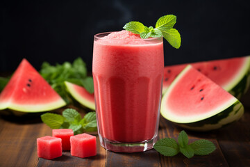Refreshing summer watermelon juice in glasses with slices of watermelon