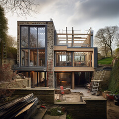 construction works on a British home, scaffolding around a English building