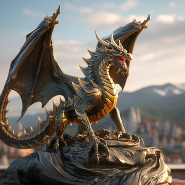 An animated 3D dragon figure, intricately detailed and bathed in stunning light, exudes life despite being just a 3D model. Generative AI.