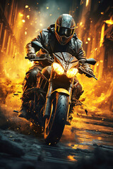 male biker motorcyclist rider in helmet rides a sports motorcycle in a race in night city - obrazy, fototapety, plakaty