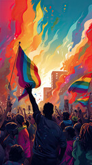 Multicultural LGBTQ Festival Illustration with Flag in the Background