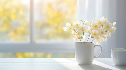 A cup with yellow flowers on the background of the morning window