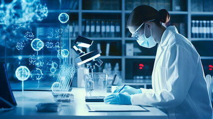 scientists working in a laboratory.  using a variety of equipment and techniques to study a new drug, developing to treat an infectious disease.