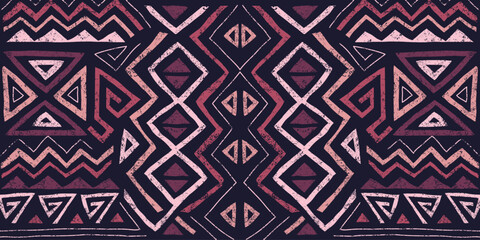 African ethnic seamless pattern in tribal style. Trendy abstract geometric background with grunge texture. Unique design elements for textile, banner, cover, wallpaper, wrapping