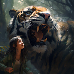 The tiger growls and the little girl nearby. Not afraid of the tiger, strokes it. Tigers are wild animals, and no matter how calm or tame they might appear, they can be unpredictable. - 663917770