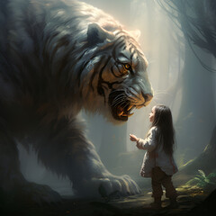 The tiger growls and the little girl nearby. Not afraid of the tiger, strokes it. Tigers are wild animals, and no matter how calm or tame they might appear, they can be unpredictable. - 663917773