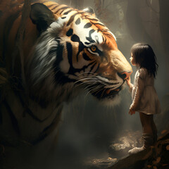 The tiger growls and the little girl nearby. Not afraid of the tiger, strokes it. Tigers are wild animals, and no matter how calm or tame they might appear, they can be unpredictable. - 663917789