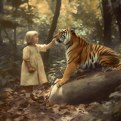 Vintage photo. The tiger growls and the little girl Not afraid of the tiger, strokes it. Tigers are wild animals, and no matter how calm or tame they might appear, they can be unpredictable. - 663917796