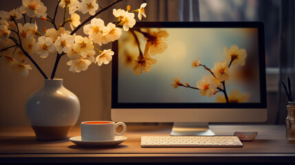 A desk with a computer and a cup of coffee