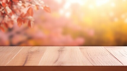 Naklejka na ściany i meble Empty Wooden surface for presentation with blurred autumn garden and flowers background, mockup, Space for presentation product. for product display montages, punk tones