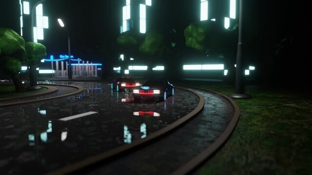two cars driving through the city at night. looped animated composition. night city concept. 3d render