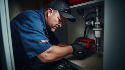 Male plumber fixing a pipe leak - obrazy, fototapety, plakaty
