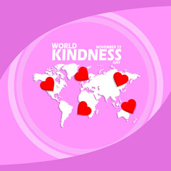 Map of the world with some red love and bold text in circle frame on pink background to commemorate World Kindness Day on November 13