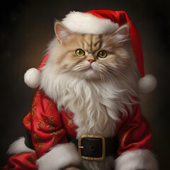 A beautiful kitty in a suit of Santa Claus. Dark background. Minimal New Year's concept 