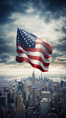 Aerial View of Cityscape with USA Flag