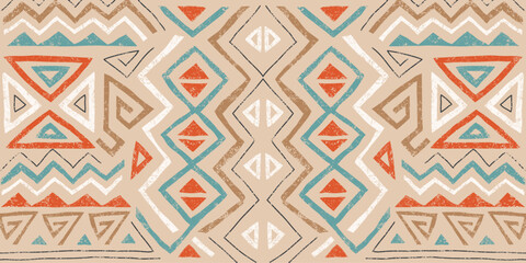 African ethnic seamless pattern in tribal style. Trendy abstract geometric background with grunge texture. Unique design elements for textile, banner, cover, wallpaper, wrapping