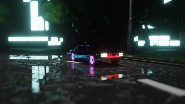 3D model of the car is driving. looped animated composition. night city concept. 3d render
