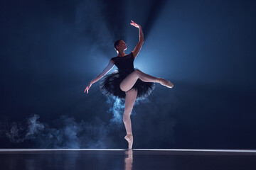 Graceful, talented young woman, professional ballerina in motion, dancing over dark background with...