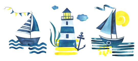Obraz na płótnie Canvas Sea boats, lighthouse, house, anchor and other marine elements. Watercolor illustration hand drawn in an abstract childish style. Set of isolated compositions on a white background.