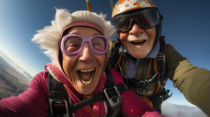 Senior couple enjoying together skydiving - obrazy, fototapety, plakaty