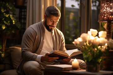 Islamic religious man reading holy book quran - obrazy, fototapety, plakaty