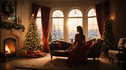 Obraz na płótnie Canvas Frau gemütlichen Wohnzimmer zur Weihnachtszeit