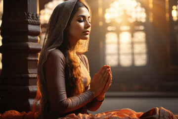 Muslim religious woman praying - obrazy, fototapety, plakaty