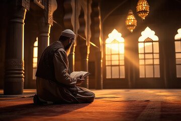 Islamic religious man reading holy book quran. - obrazy, fototapety, plakaty