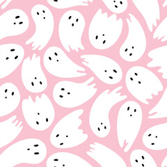 Pink cute halloween ghost seamless pattern repeat print background. Vector illustration. Great for kids and home decor projects. Surface pattern design.