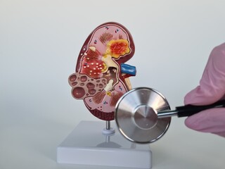 Human kidney on stethoscope. Diagnosis of kidney disease