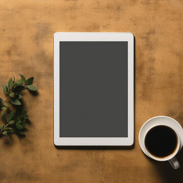 tablet pc with coffee, Black screen pad and green summer leaves on wood table. User interface of ipad app mockup with green foliage 